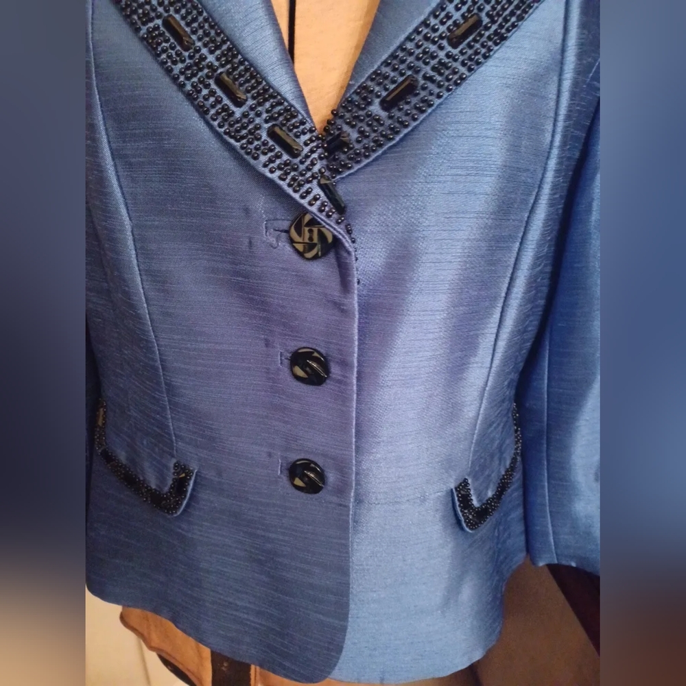 Tahari Arthur S. Levine LUXE Beaded Blue 2 Piece Skirt Suit - Picture 3 of 8